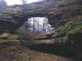 A natural sandstone arch rises from a wooded hillside, with moss-covered rock formations and bare trees visible through the opening.