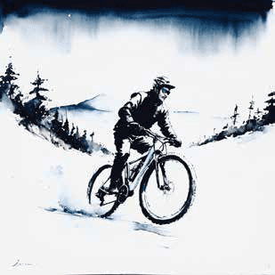 Mountain e-biker riding through a snowy landscape.