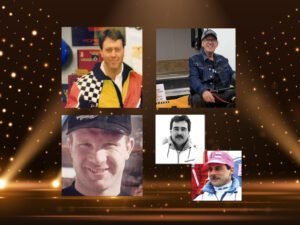 A collage of five male snowmobile champions featured for the ‘Ride With the Champs’ event from the International Snowmobile Hall of Fame, arranged over a celebratory background with golden lights.
