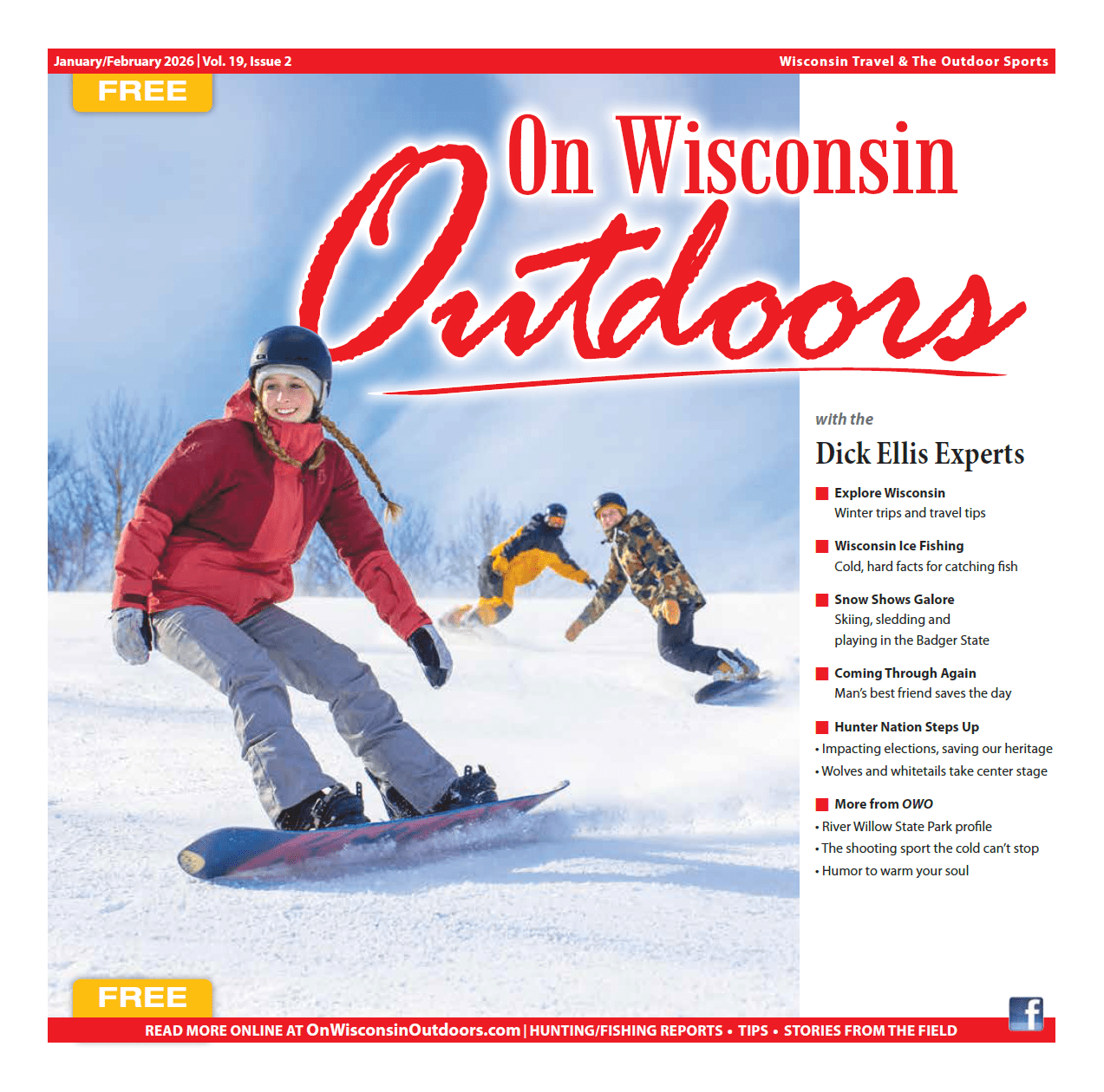 Cover of the January/February issue of On Wisconsin Outdoors. One woman and two men snowboarding down a ski hill