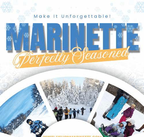 Marinette: Perfectly Seasoned” winter tourism graphic featuring outdoor recreation scenes.