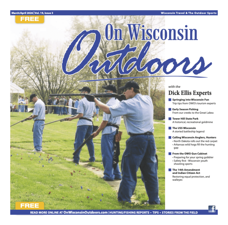 Cover image of On Wisconsin Outdoor, Vol. 19, Issue 3. Four Wisconsin youth sport shooters participate in a trap shooting competition on the trap range shooting shotguns in the daytime.