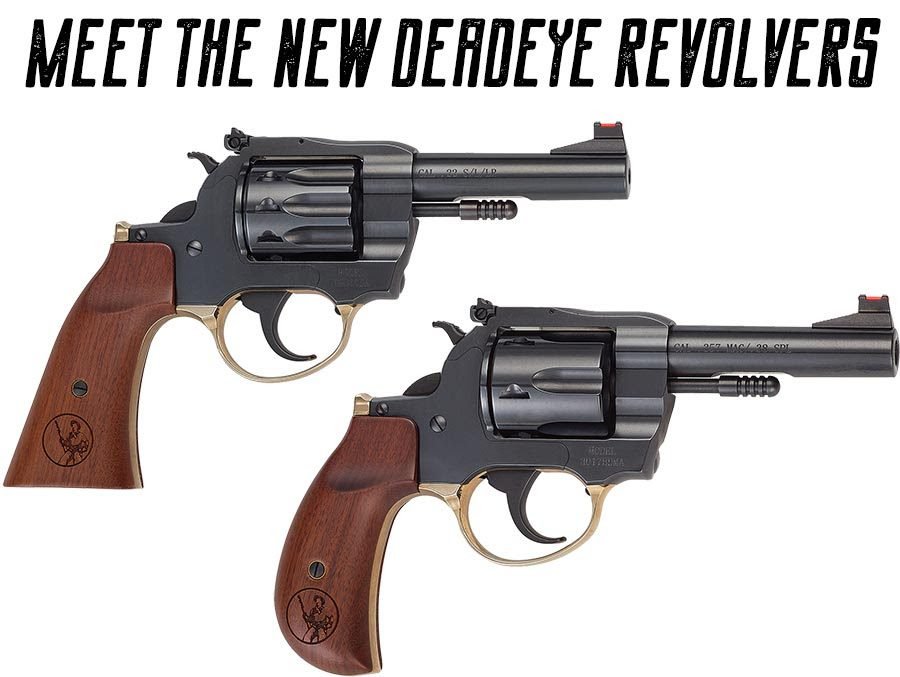 Henry Deadeye Revolvers featuring upgraded rear and front sights, shown in H16 Golden Boy and H17 Big Boy models with walnut grips.