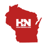 White “HN” Hunternation logo with a star in the center of the letter N, placed over a subtle outline of the state of Wisconsin on a red background.