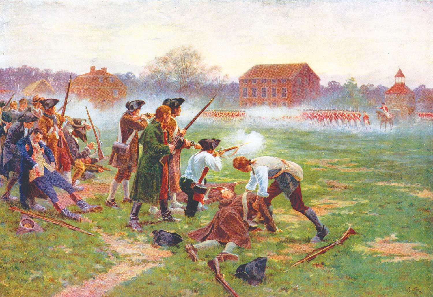 'The First Fight For Independence, Lexington Common, April 19th, 1775' (1910). By William Barnes Wollen (1857 1936). The Battles Of Lexington And Concord Were The First Military Engagements Of The American Revolutionary War.