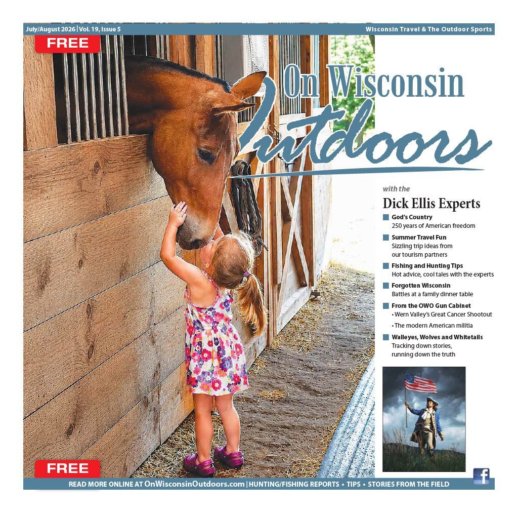 Cover of On Wisconsin Outdoors showing a horse leaning down out of his stall and a little girl reaching up to touch his face