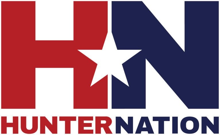 Hunter Nation logo featuring large interlocking red “H” and navy “N” initials with a white star in the center, above the words “HUNTER NATION.”